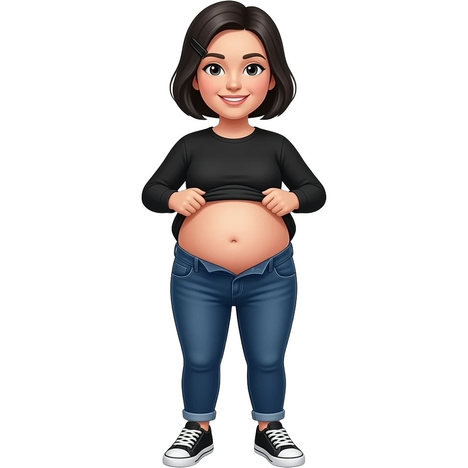 White woman with black short hair, white hair clip, black long sleeve shirt, dark blue jeans, white and black sneakers, and a chubby body lifting her shirt to showing off her chubby belly emoji