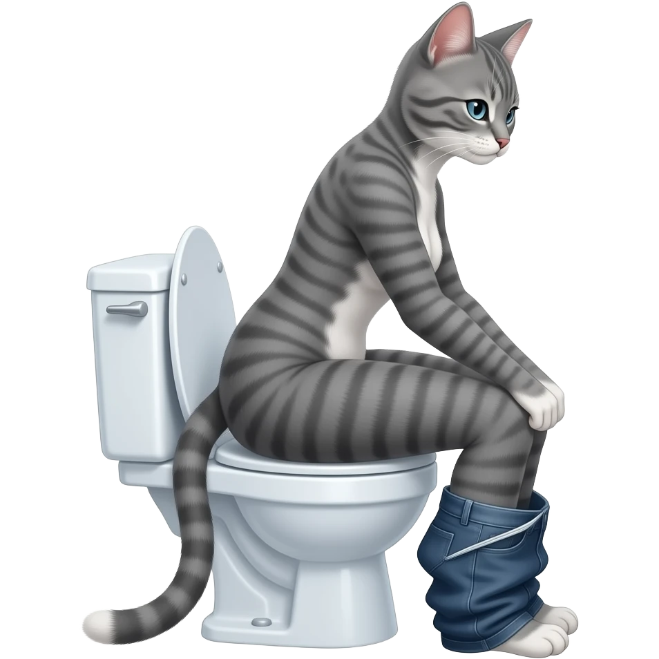 Female gray cat furry woman person,sit on toilet,pants down,fursona,side view emoji