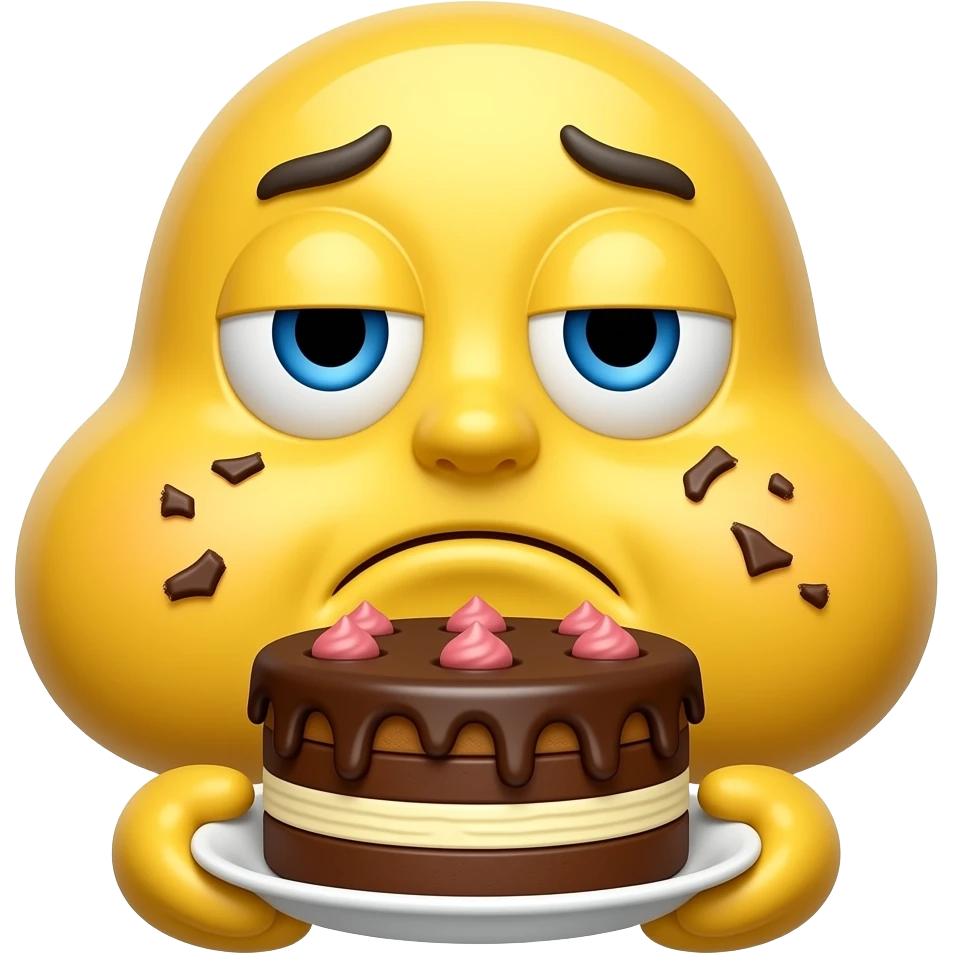 iOS Apple emoji style, glossy yellow tired face 😩 holding chocolate cake, crumbs on cheeks. emoji