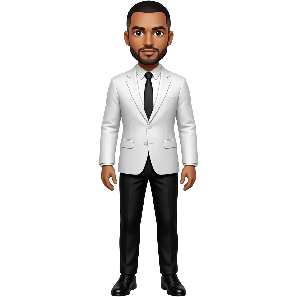 A Caucasian american man with a black shaved short hair, black stubble beard, long sleeve white suit with a black tie, black pants with black shoes, emoji