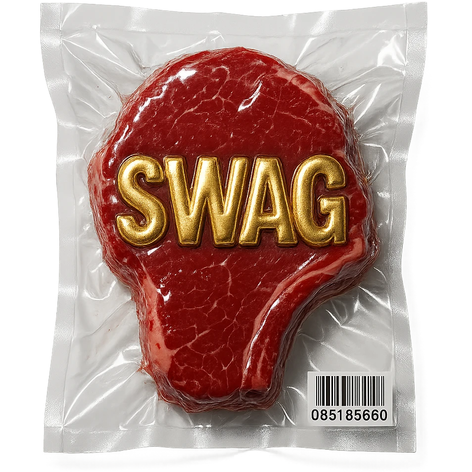 steak with gold embossed 'SWAG' text, glossy and puffy emoji