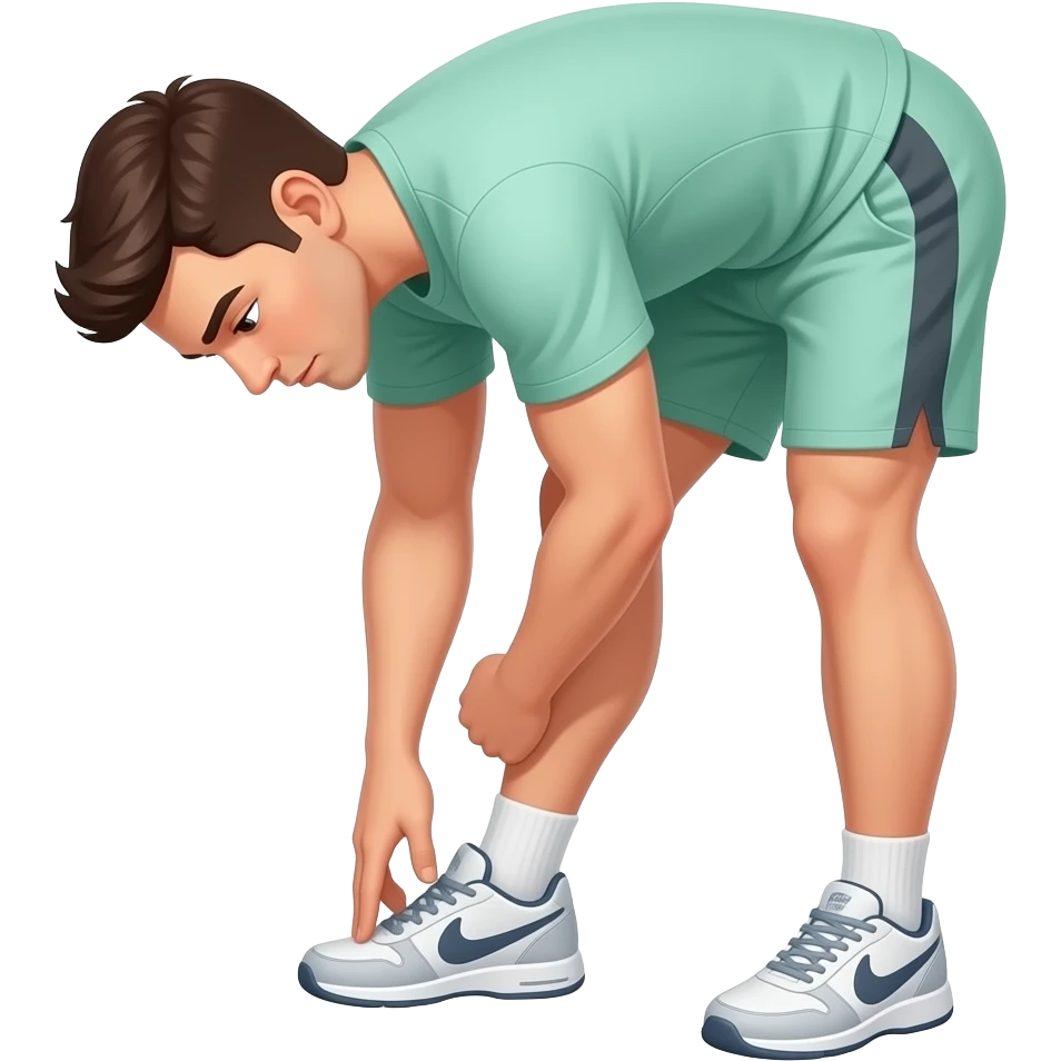 guy standing up in light green workout shirt and shorts facing me bending down stretching down by touching both feet / toes feet together emoji