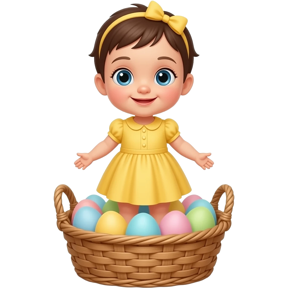 Yellow baby chic standing on basket full of pastel colored eggs emoji