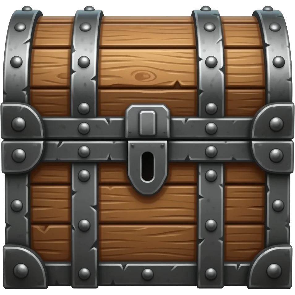hyper-realistic, Plain looking battered wooden chest with iron straps, closed, facing forward emoji