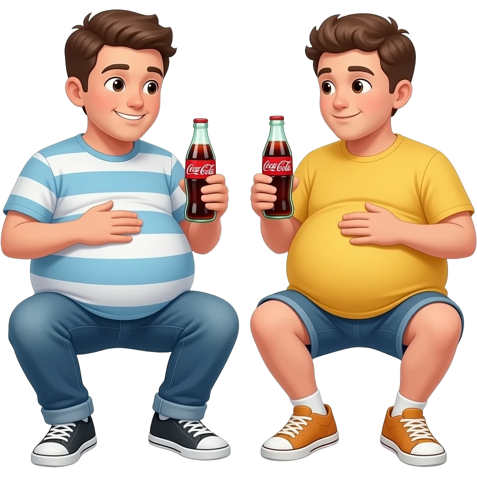 Oba chłopaki 1 krześla ma super ogromny brzuch 2 krześle ma 10 razy ogromny niż ten 1 krześle 1 krześla ma 16 lat 2 krześle ma 13 lat ich brzuchy mają kształt jak ogromne piłki siedzą 1 prześlę ma jeansy 2 krześle ma spodenki i żółtą koszulkę i rozmawiają i kłaszczą swoje brzuchy i piją coca-cola emoji
