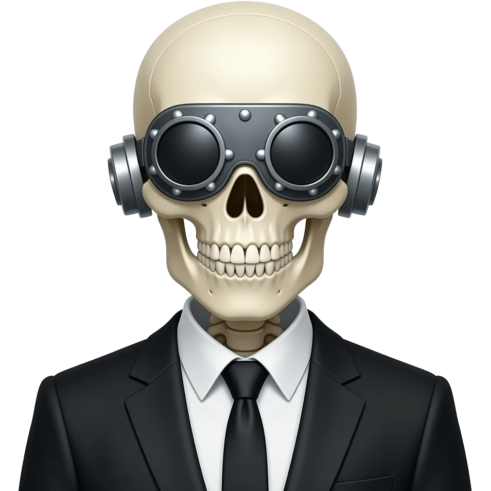 a skeletal figure wearing a suit who embodies the phrase "See no evil, hear no evil, speak no evil" as well as a symbol of censorship. His eyes are covered by a riveted-on visor, his mouth is clamped shut, and his ears are closed with metal caps emoji