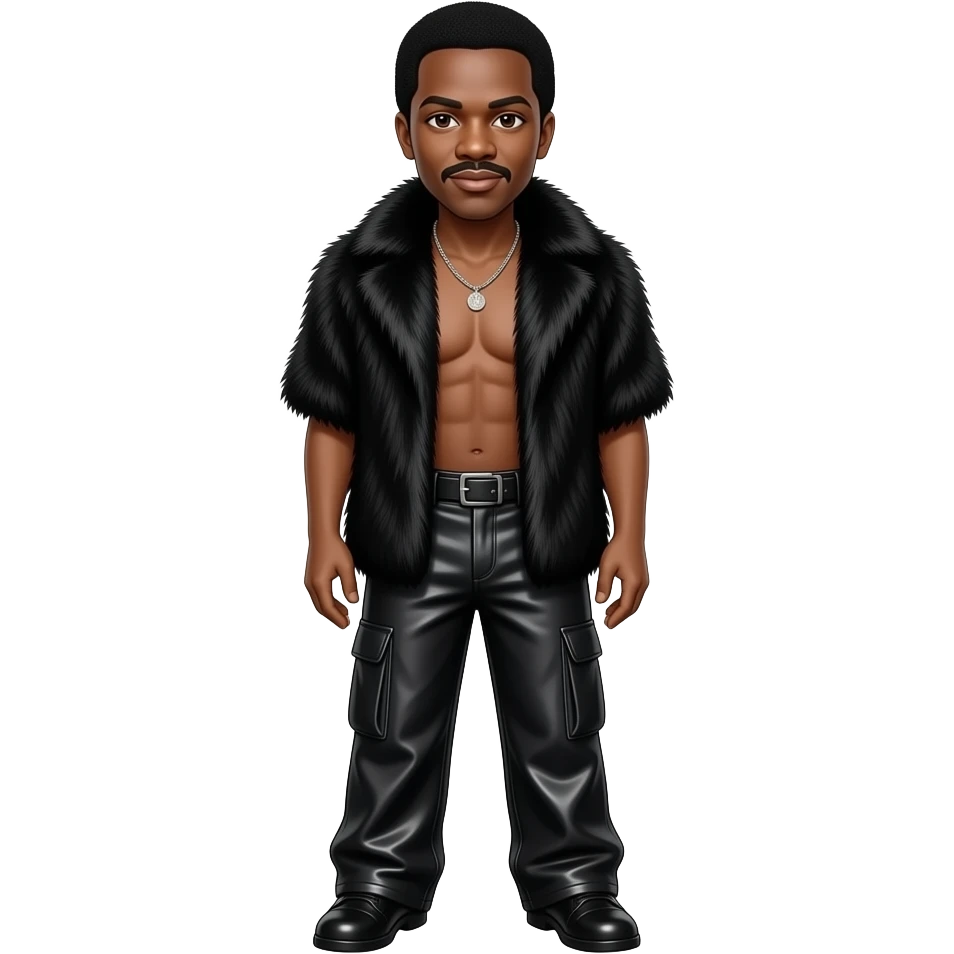 James Brown with brown eyes, black hair, black fur shawl, black metallic baggy pants, shirtless with necklace emoji