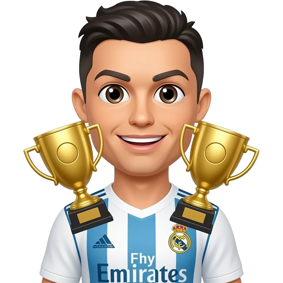 Cristiano Ronaldo emoji avatar, Real Madrid jersey, cute cartoon style. Two identical golden trophies floating in front of both cheeks. emoji
