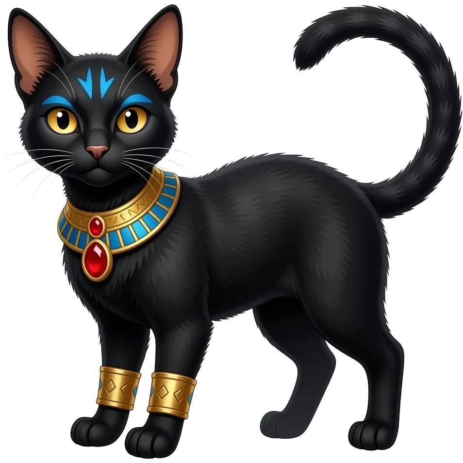 Realistic furry fuzzy Black godly overpowered ethereal majestic oriental ancient Lykoi-Caracal-Cat-Fakemon. With gold bangles, red rubies, Egyptian blue eye corner markings makeup, long thin tufted tail, long tufted ears emoji