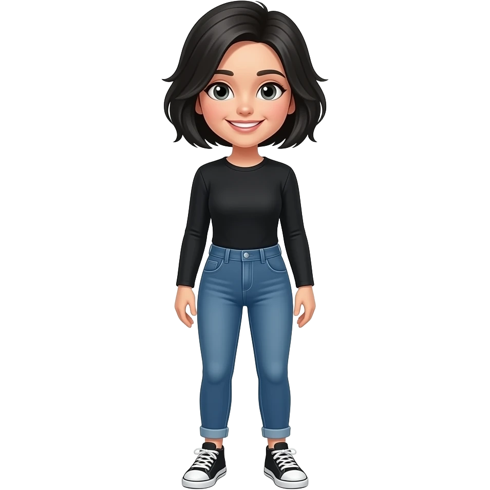 White girl with black short hair, black long sleeve shirt, jeans, white and black sneakers, and a happy face emoji