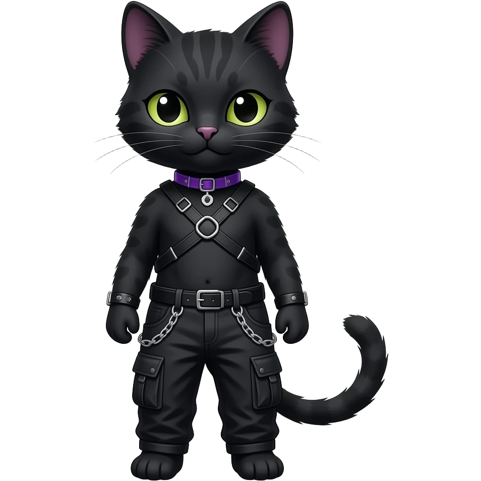 Gorgeous furry gothic dark techwear anime style anthro black cat furry sona Fakemon with blushing face aesthetic and pretty edgy black with violet collar and harness trending style chains cargo pants emoji