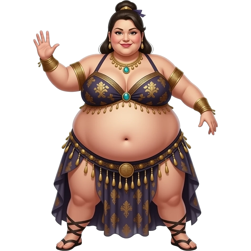 A female sumo warrior belly dancer,with a morbid obese midsection,her bellybutton peeps,her massive belly is bulging from being stuffed to the max after a luncheon buffet,She dances then her bouncy big tummy steals the spotlight. emoji