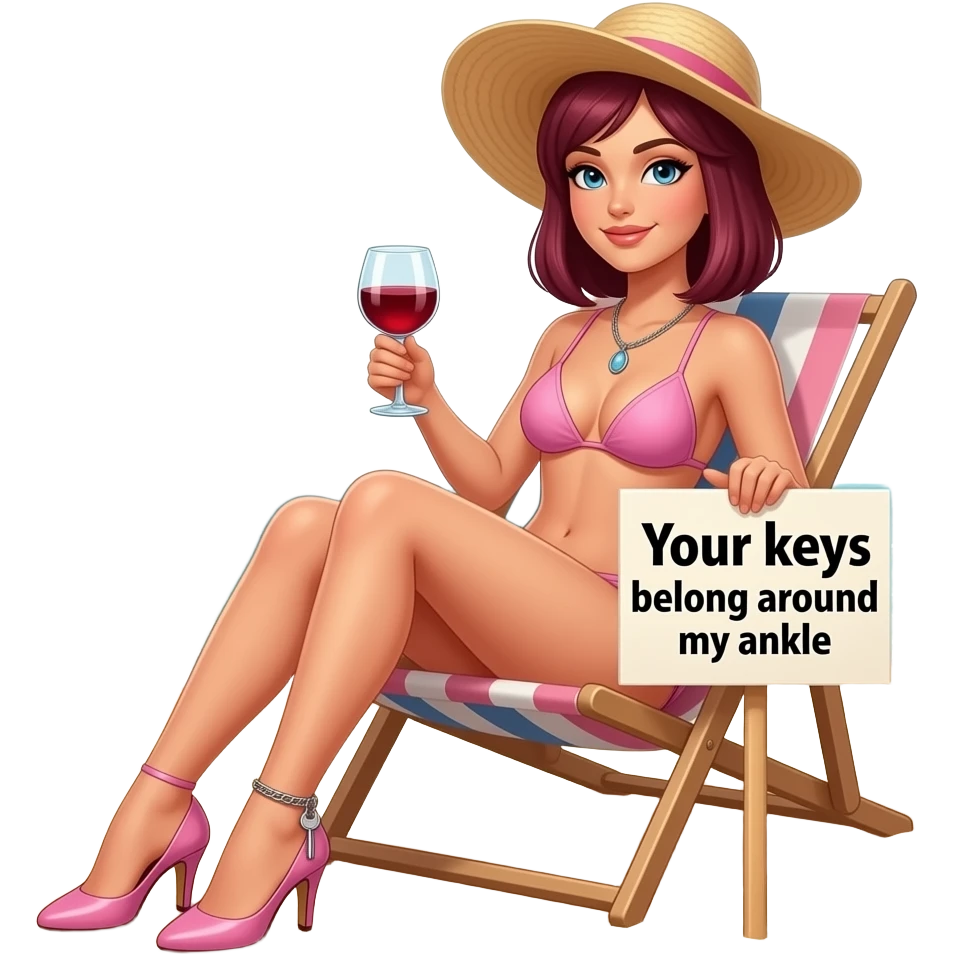 woman. burgundy, straight shoulder-length hair, sunbathing on beach. baby pink bikini. high stiletto high heels. Ankle chain with small key dangling from it. Holding glass of red wine in one hand. Holding sign in other hand that says "Your keys belong around my ankle". emoji