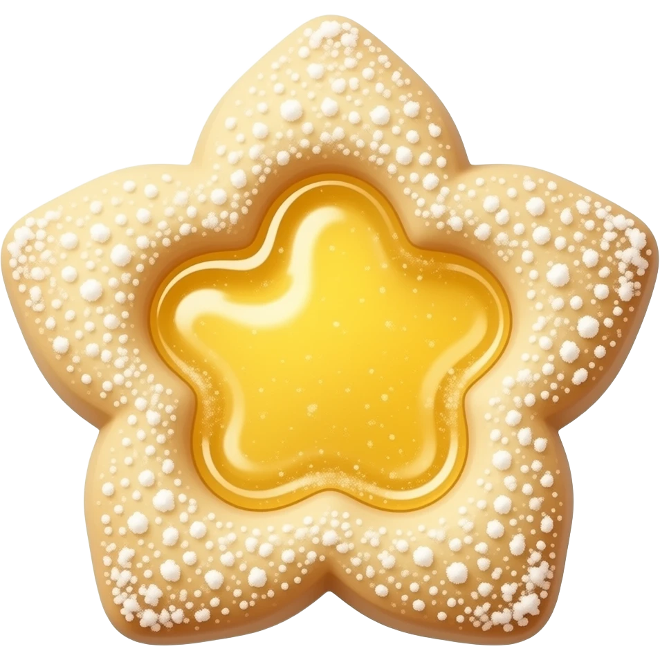 Realistic shortbread cookie in the shape of a lily flower with pastel yellow color jelly middle filling and sprinkled powder sugar on top. emoji