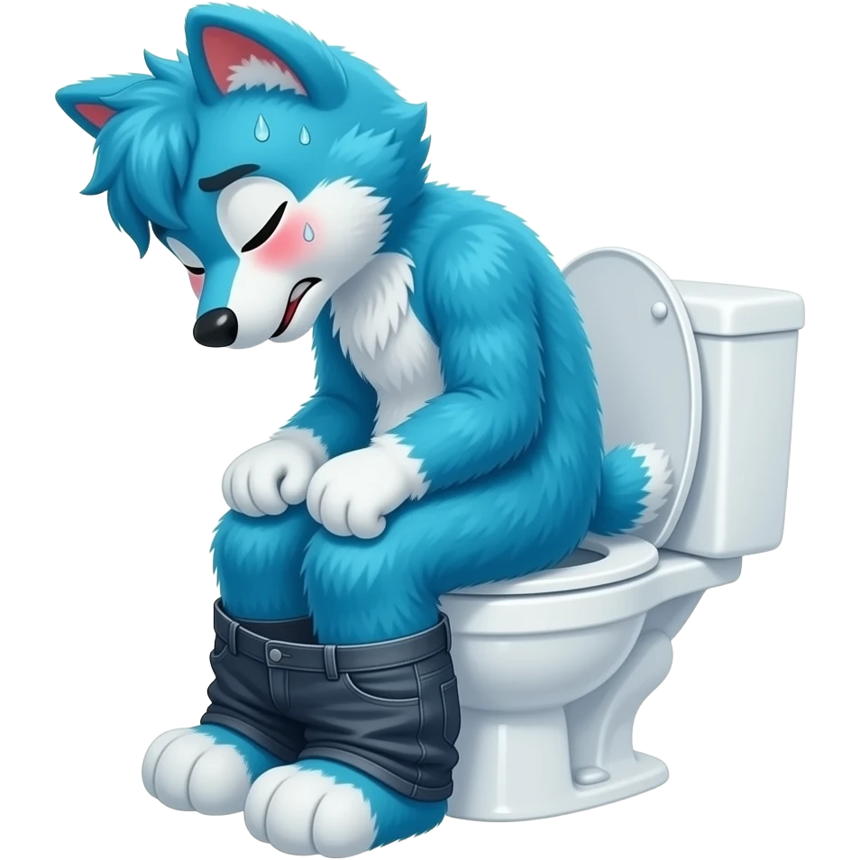 blue fursuit sitting on toilet, side view, pants down, eye closed, straining, red face, sweating emoji