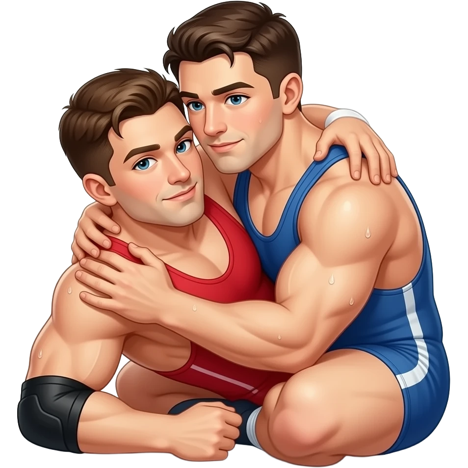 Erstelle ein Bild von zwei Wrestler in kurzen, knappen und engen Wrestler-suits, die beiden haben unterschiedlich Farben an (rot und blau) und sie ringen eng umschlungen miteinander auf dem Boden liegend emoji