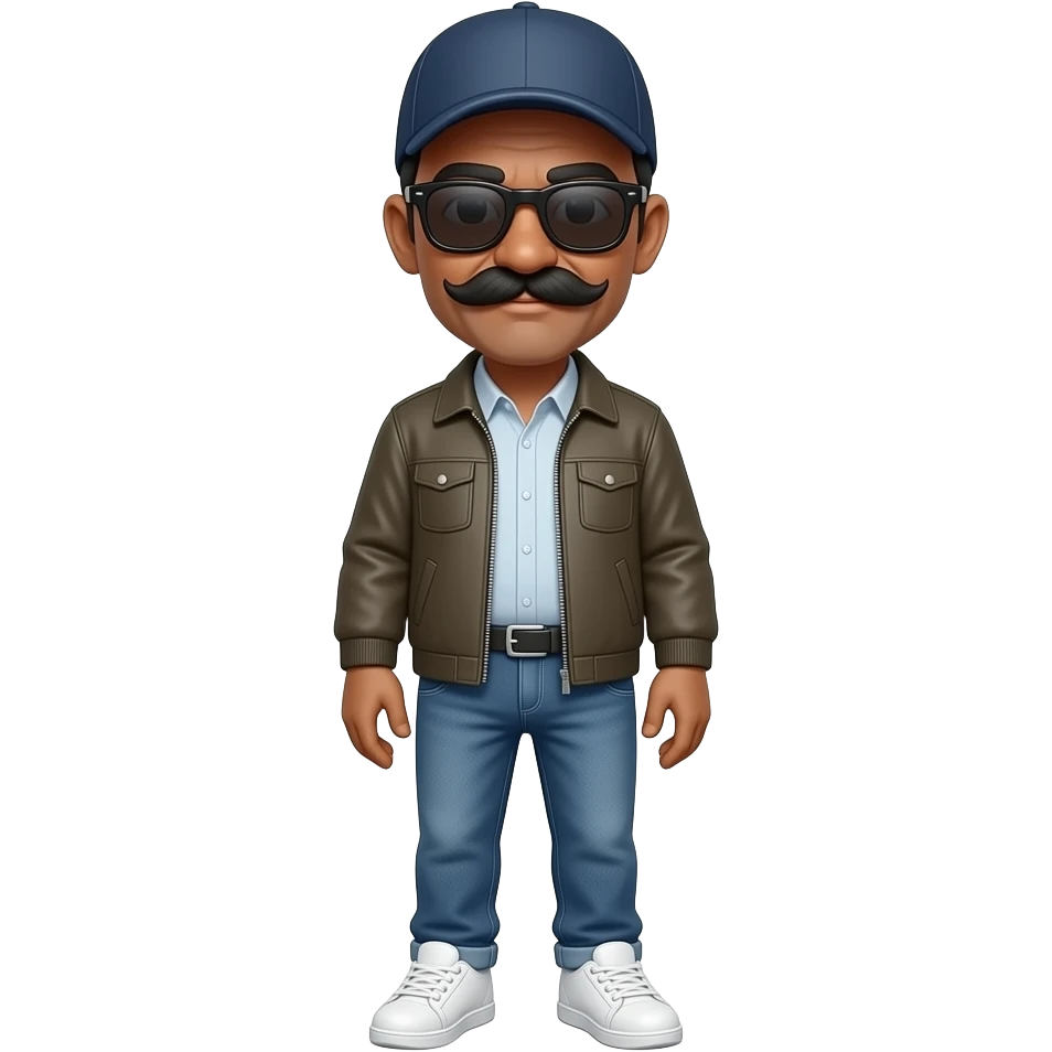 Hombre de 78 con bigote mucho más grande grande y mas oscuro, calvo y poco pelo negro en los lados y sin barba, moreno con algo de abdomen, zapatos deportivos blancospantalón vaquero, camisa, cazadora, gafas de sol cristales oscuros con gorra de beisbol emoji
