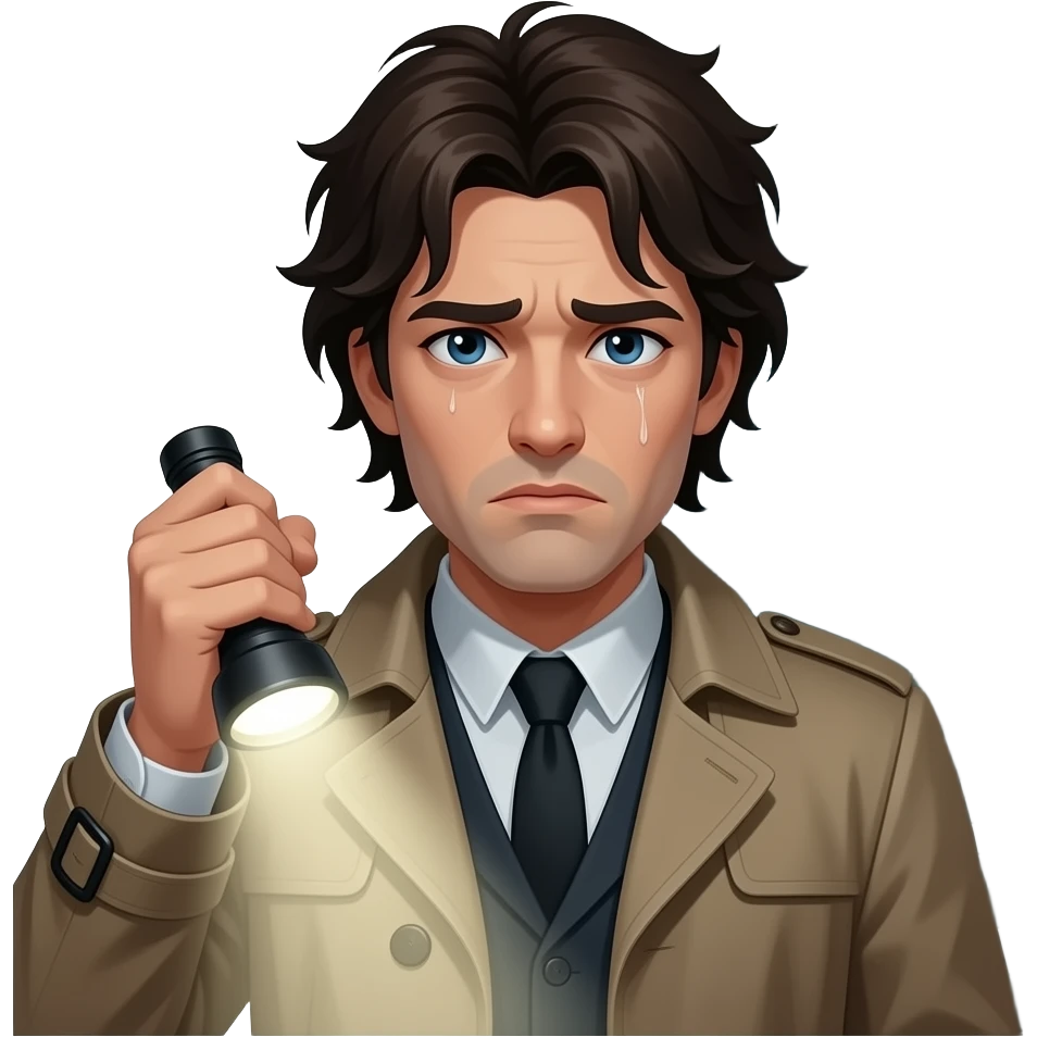 Paranormal investigator portrait, trench coat, tired sharp eyes, messy hair, holding flashlight, dark mystery fantasy style emoji