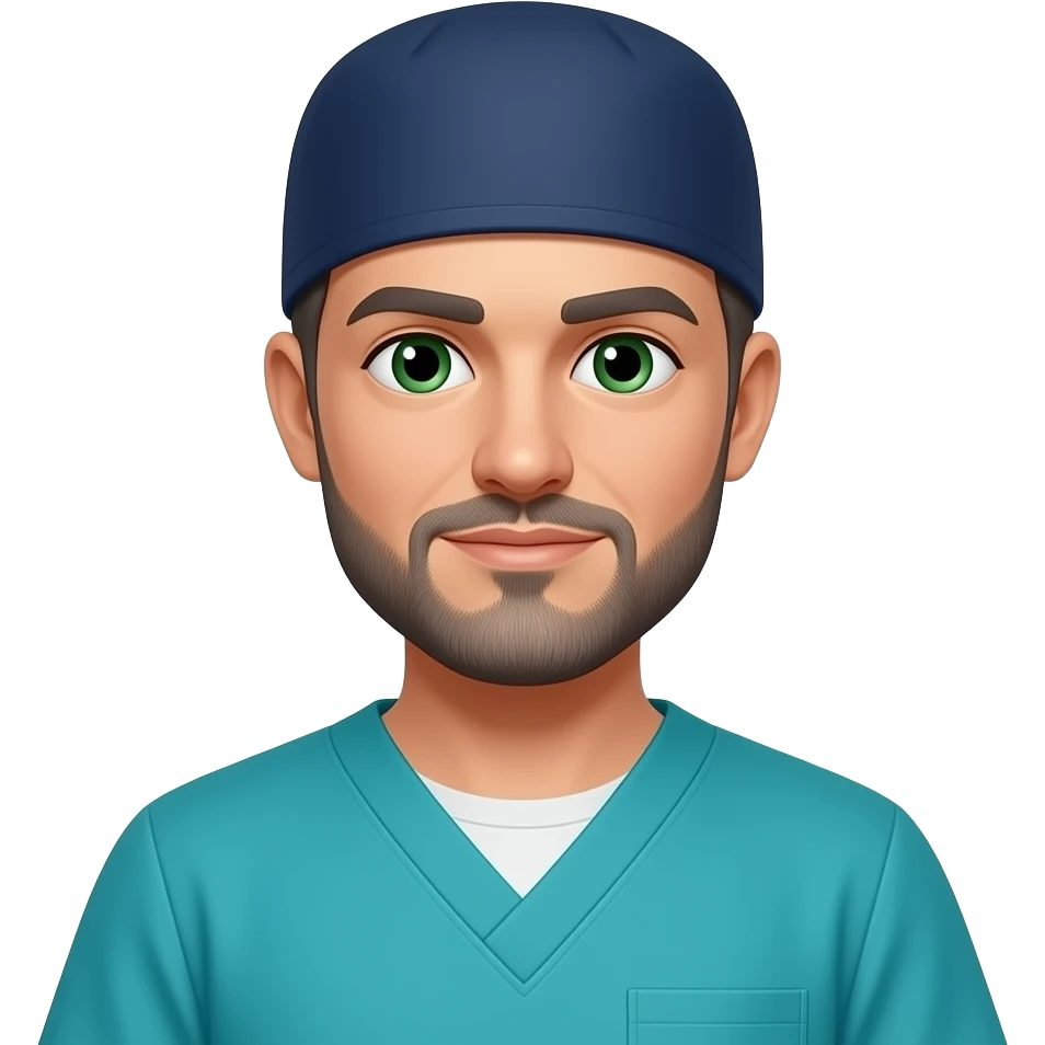 doctor with dark gray hair, beard stubble and green eyes in dark navy scub cap, torquoise scrubs with no eyeware emoji