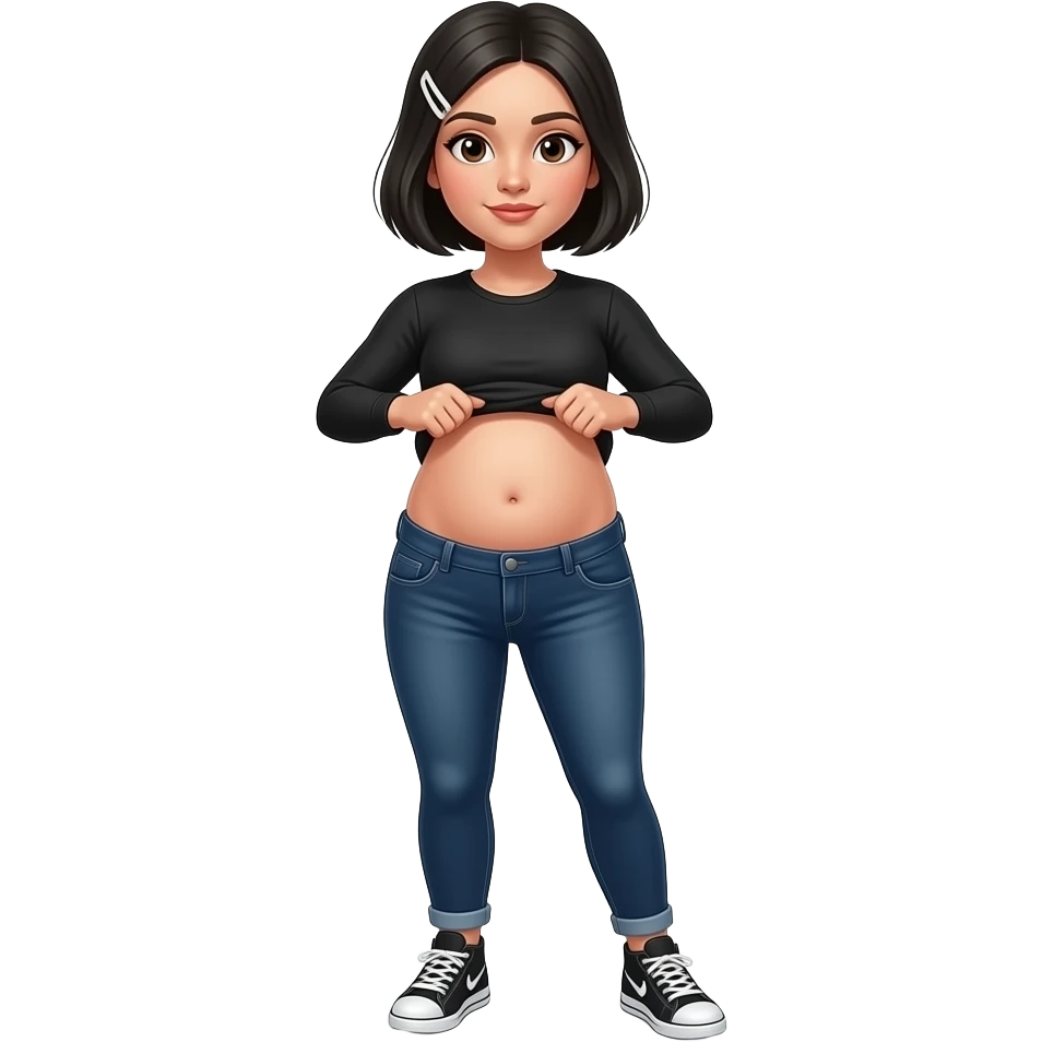White woman with black short hair, white hair clip on the left of her hair, plain black long sleeve shirt, dark blue jeans, white and black sneakers, and a chubby body lifting her shirt to show her clean chubby belly emoji