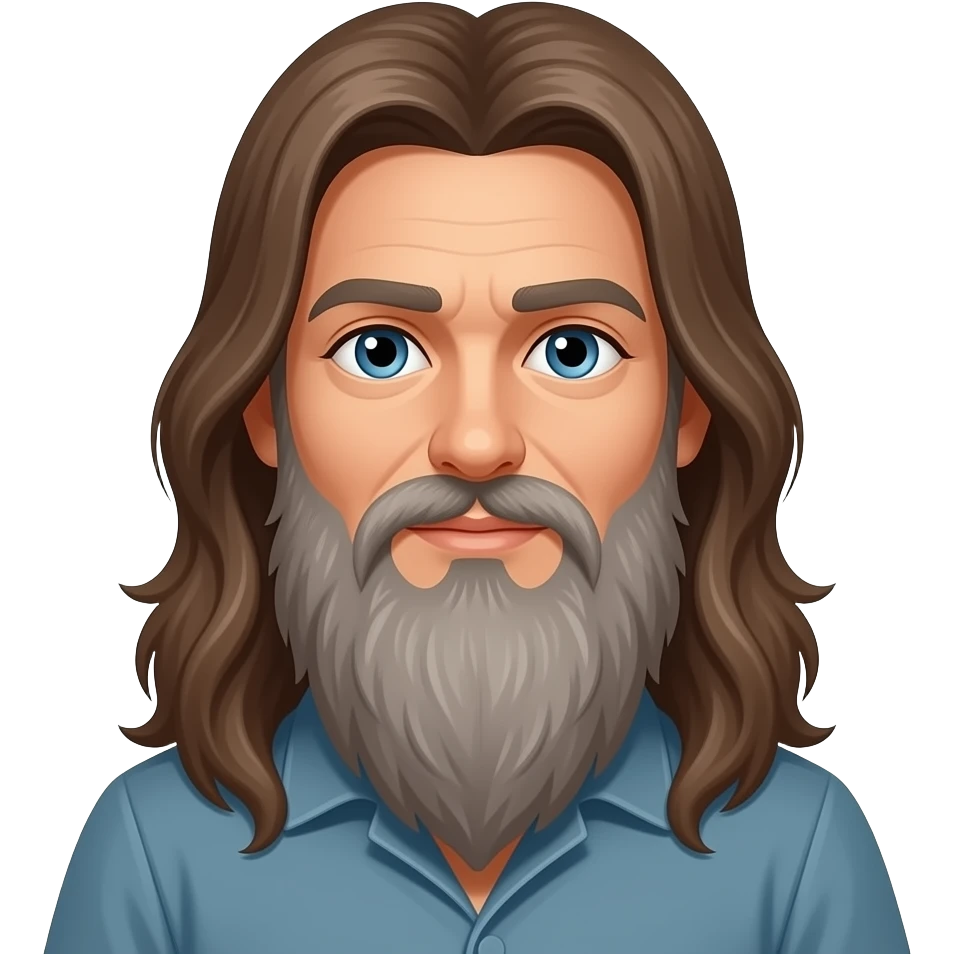 Long brown hair blue eyes long grey beard emoji