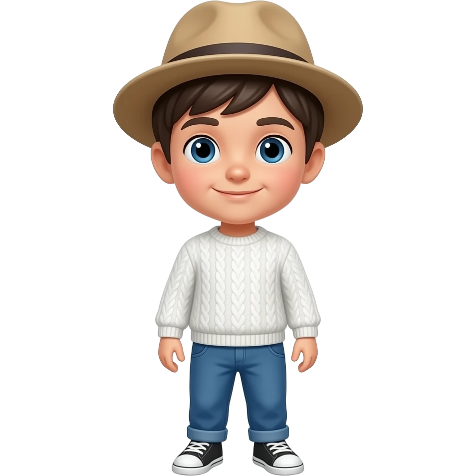 Kid with a white sweater and blue pants with a hat emoji