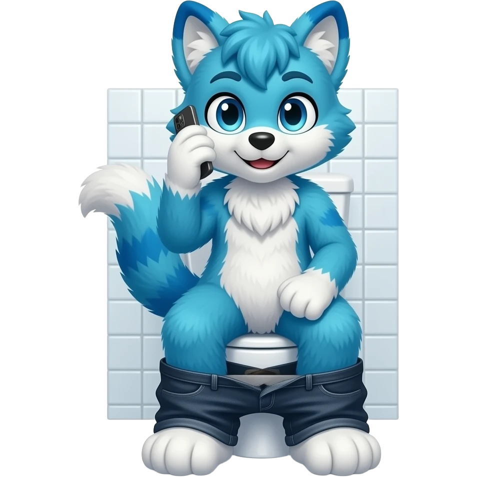 blue fursuit sitting on toilet, front view, pants down, looking at phone emoji