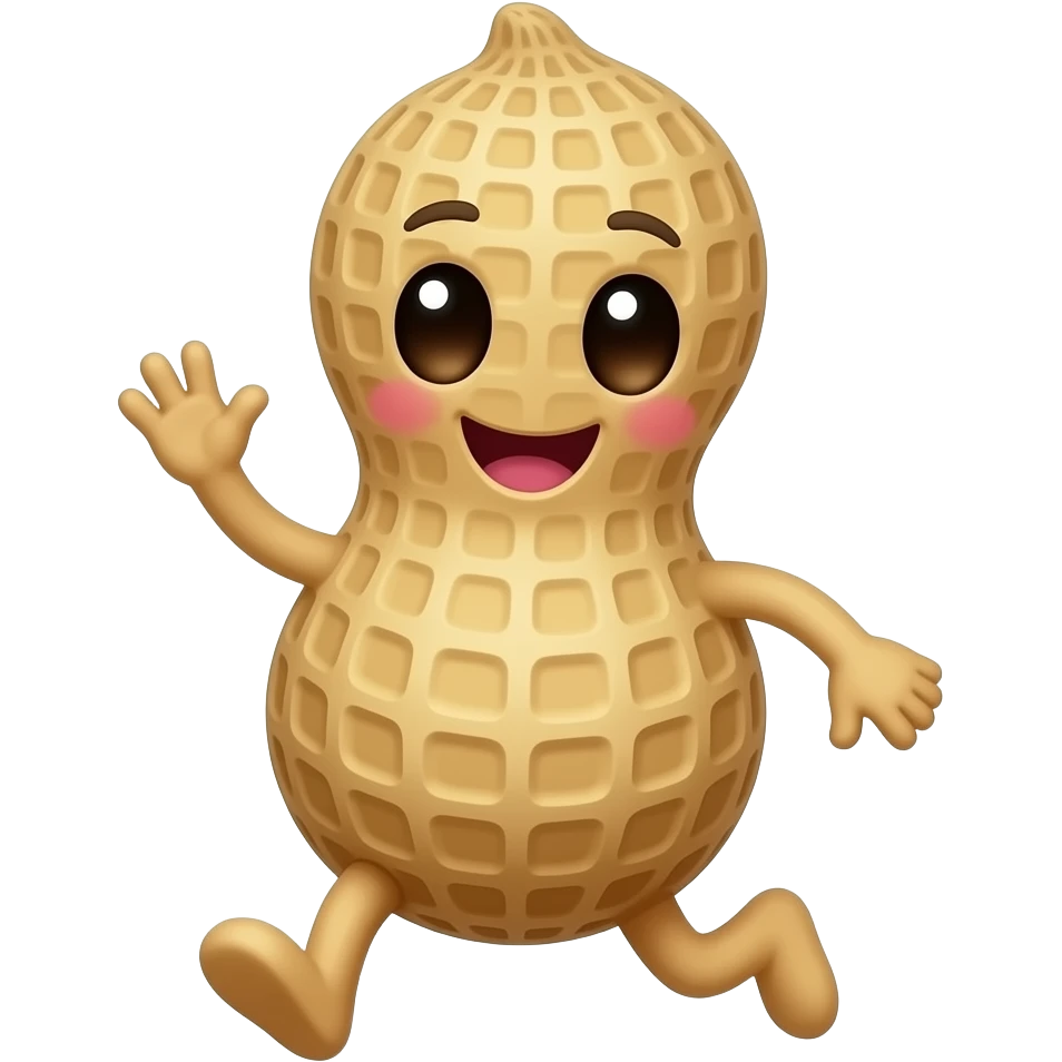 Cute animated peanut emoji with big sparkling eyes, rosy cheeks, tiny arms and legs, happily bouncing, waving, and dancing with playful energy, chibi style, super adorable. emoji