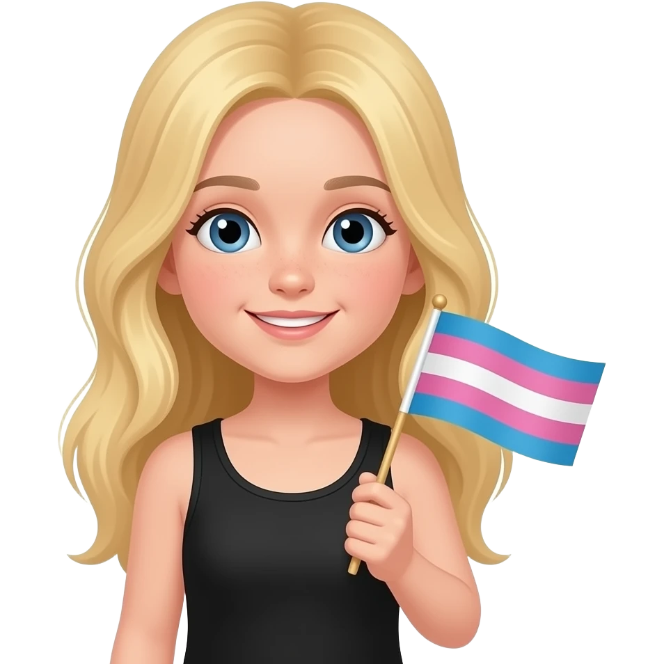 ten year old with long light yellow hair and a black tanktop holding a bisexual flag emoji