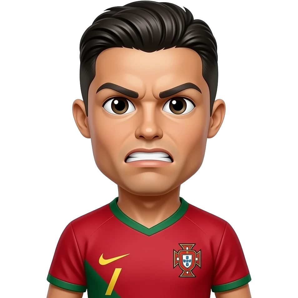 Cute man Cristiano Ronaldo, Portugal jersey, angry face, glossy 3D emoji sticker, white outline, transparent background, ultra detailed. emoji