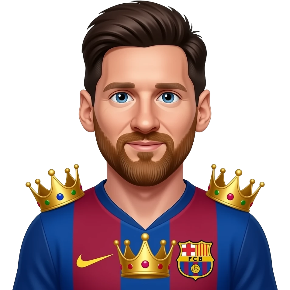Messi emoji avatar, Barcelona jersey, cute cartoon style. Three identical golden king crowns: one medium crown in the center chest and two tiny crowns near both shoulders. emoji