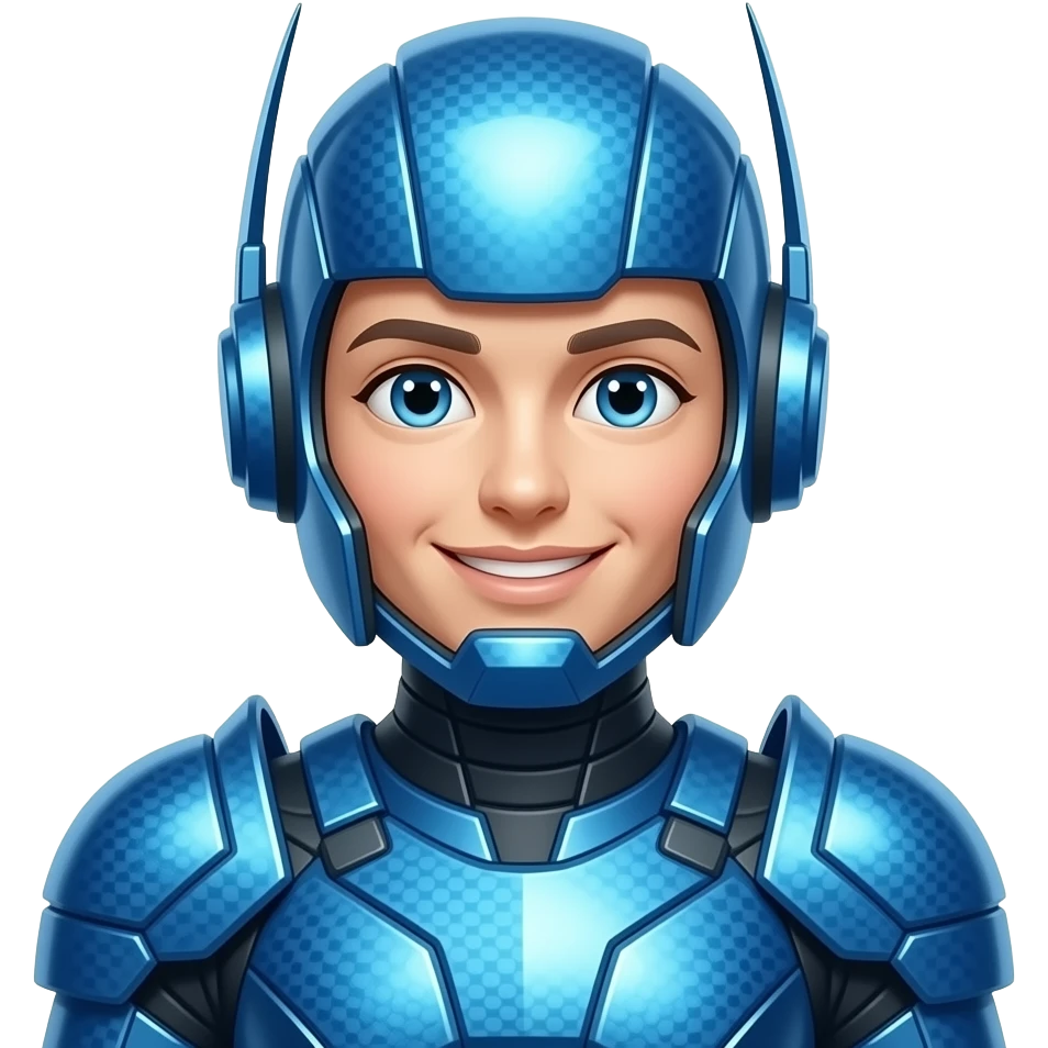 Friendly Smiling AI Humanoid wearing blue shimmering armor emoji