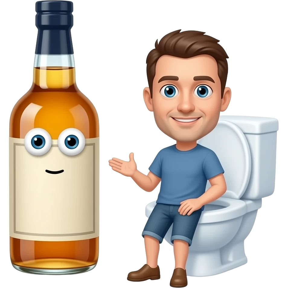 viski en forma de una perona con etiqueta i con ojos etiqueta de viski 4 viskimas pero uno rorto en banyos gracioso emoji