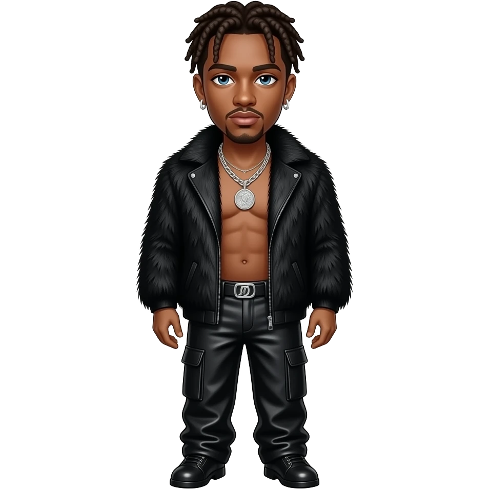 Jack Harlow, white rapper with fair skin, blue eyes, brown hair, black fur shawl, black metallic baggy pants, shirtless with necklace and earrings emoji
