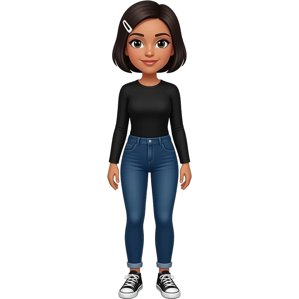 White woman with a black long sleeve shirt, dark blue skinny jeans, black short hair with a white clip on the left of her hair, and black and white sneakers emoji