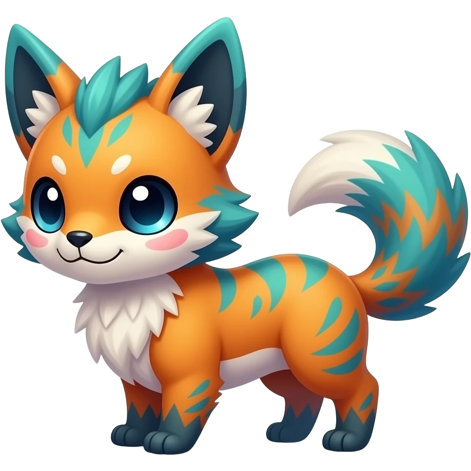 Feral Rare Fantasy vibrant colorful tropical cute, kawaii, cool, ed Vernid-Trico-species by LiLaiRa, random markings, tufted tail, tufted ears, full body, cheek markings emoji