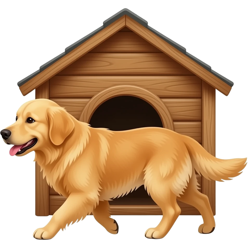 The Golden dog walks into the doghouse. emoji