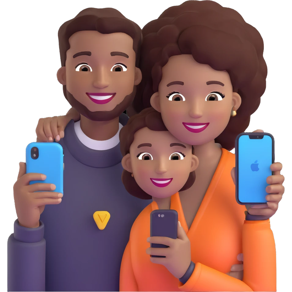 Afro-Caribbean woman smiling, holding iPhone, sending footage to a Black man with a skin fade, both smiling emoji
