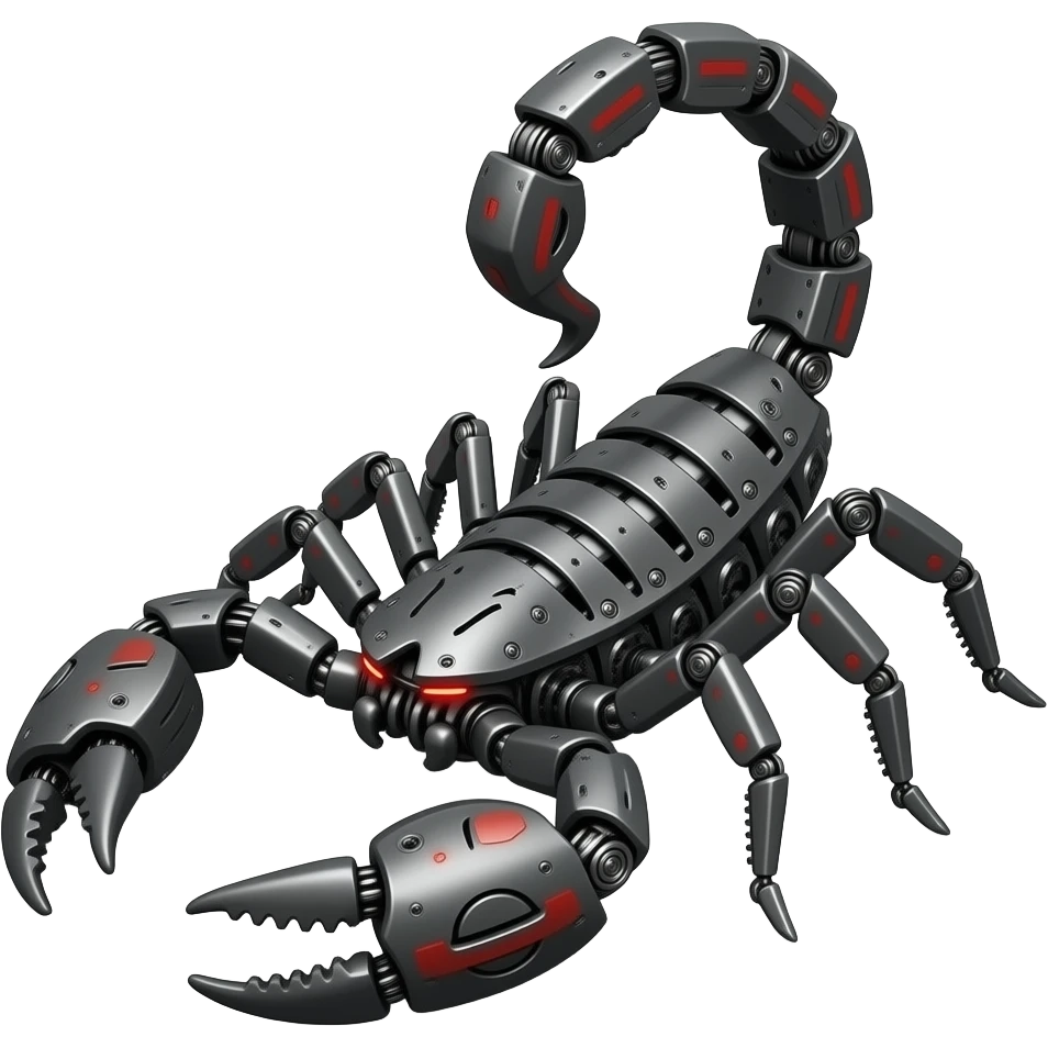 Mechanical Transformer Scorpion made of dark grey metal with black and red markings. emoji