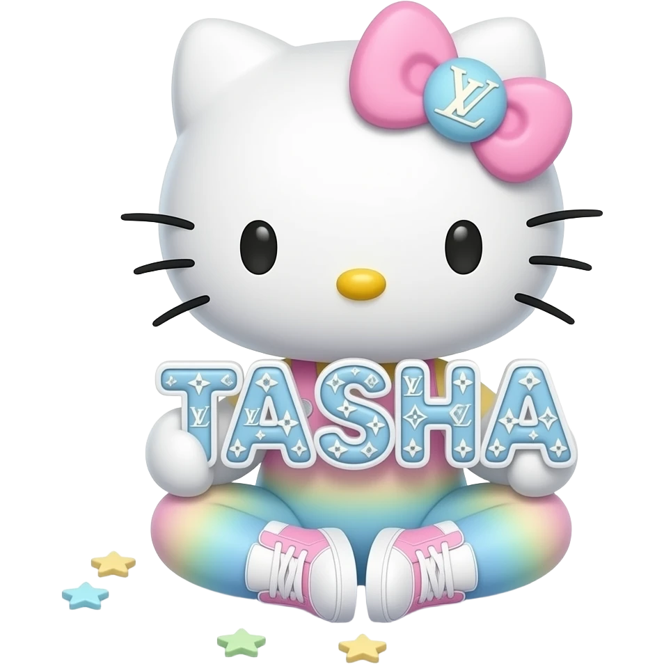 4D Velvety fur texture hello kitty wearing ombre white and blue and pink ombre pastel colored leggings and sneakers, and with the Louis Vuitton symbol on her ombre pastel bow sitting down holding the velvety 3D outlined letters TASHA and surrounded with tiny ombre pastel stars made of candy emoji