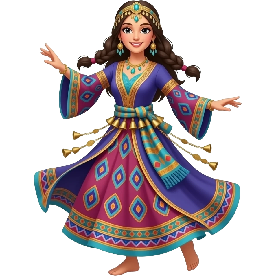 A professional 3D emoji of a Moroccan dancer wearing a long colorful Takchita dress, with a traditional scarf tied around her hips adorned with small golden bells and hanging coins, dynamic dancing pose, glossy finish, Apple emoji style, high detail, isolated on a plain white background. emoji