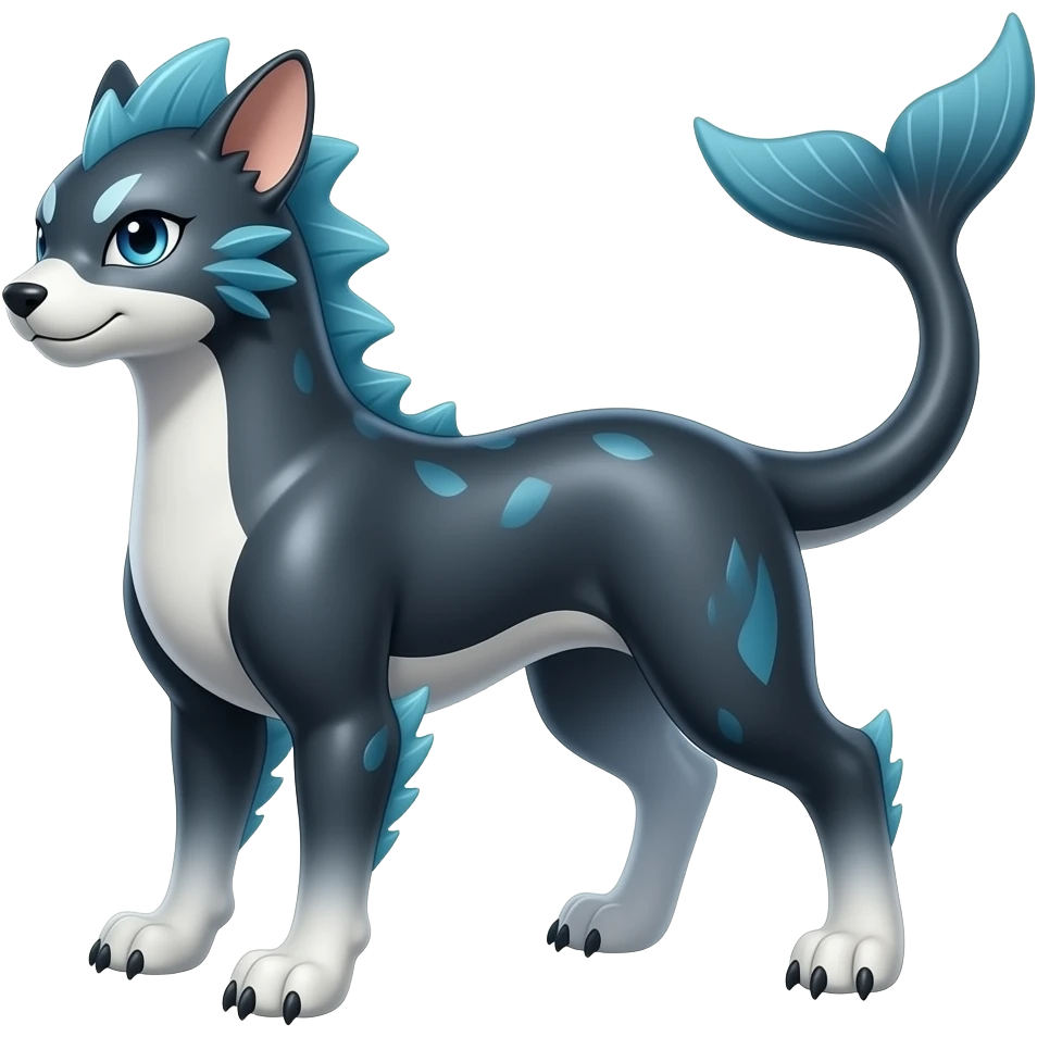 Tough realistic Quadrupedal digitigrade shiny glossy smooth finned frilled gothic tall slim unique epic legendary shiny edgy cool cyberpunk-solarpunk-fantasy-Absol-Sprigatito-Vaporeon-Furret-Manectric-Mudkip-Fakémon-hybrid with an orca tail emoji