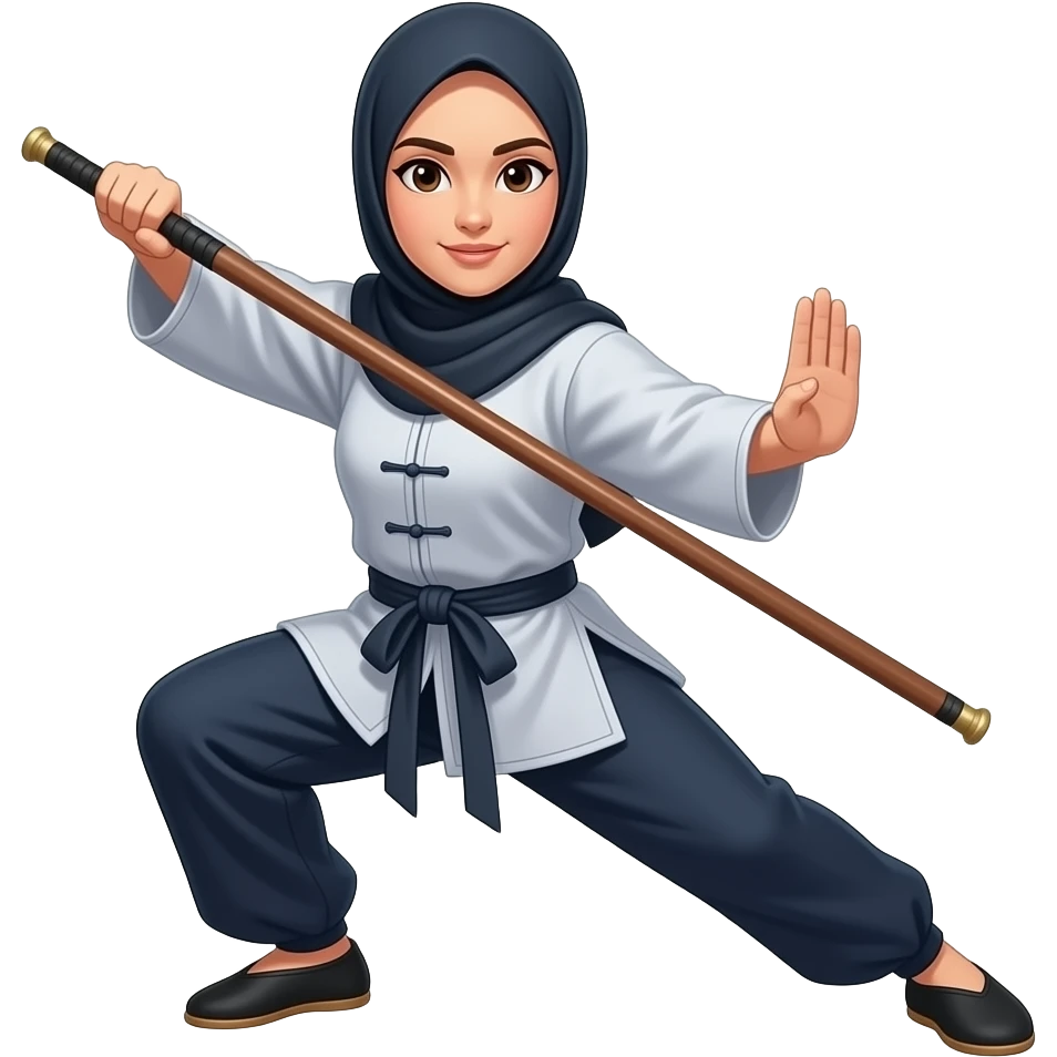 iOS-style emoji sticker of a hijabi female wushu martial artist, wearing traditional uniform and hijab, holding a bo staff in a dynamic pose, cute minimal 3D glossy emoji style, centered composition, white or transparent background, clean design, no text, no extra elements. emoji