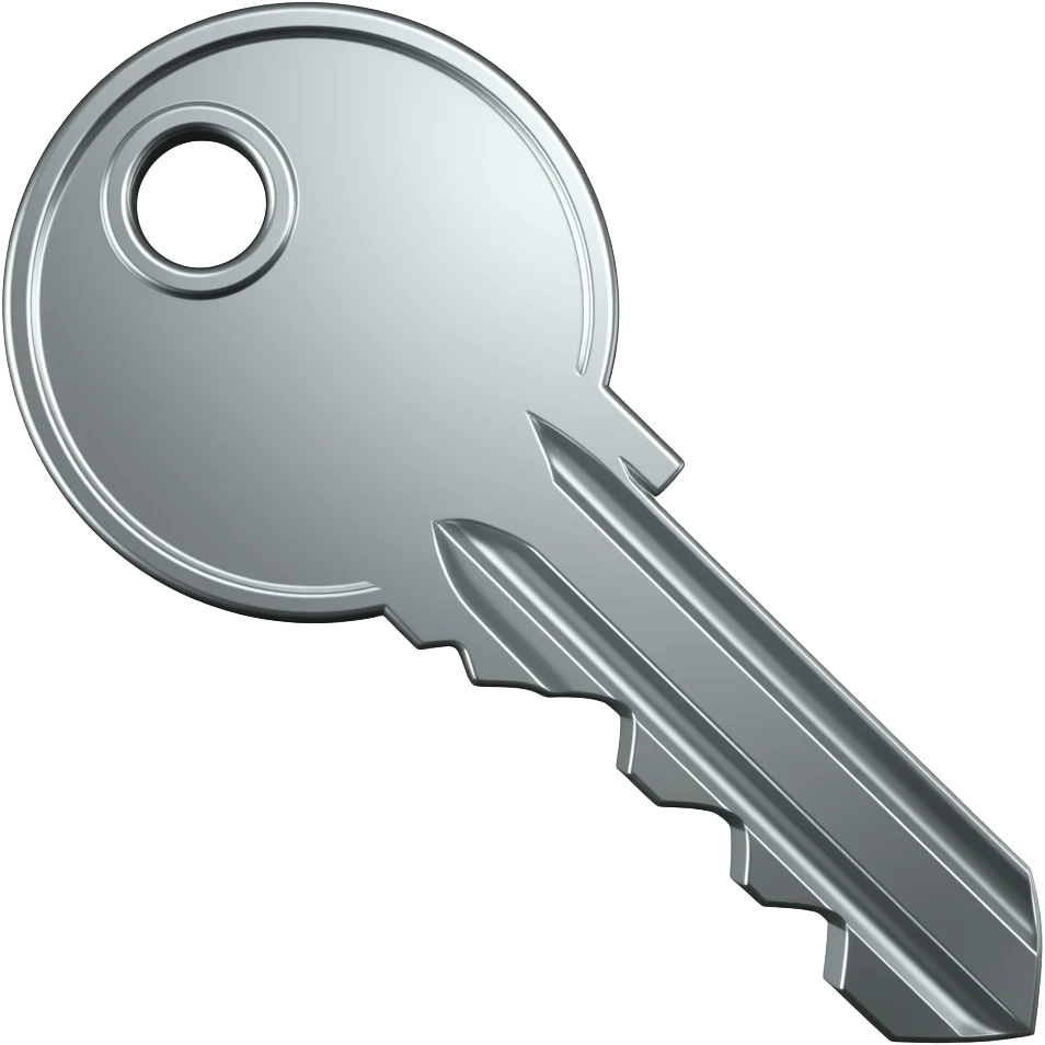 The key is posed playfully, slightly tilted, radiating positive energy. Highly detailed Pixar 3D animation style, smooth reflective metal texture with soft highlights emoji