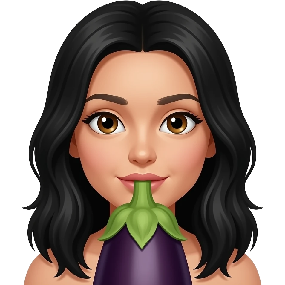 Long Black hair brown eyes licking an eggplant emoji