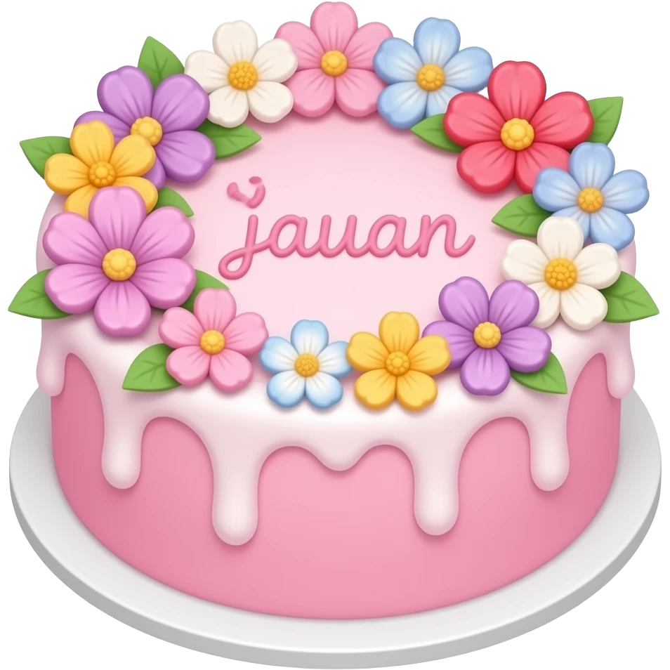 Pink birthday cake with flowers say jauan emoji