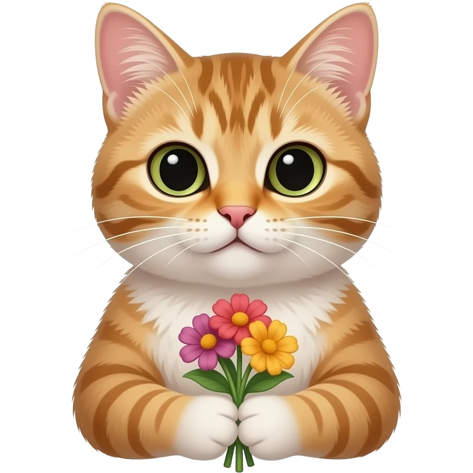 a bust shot of a cat holding flowers emoji