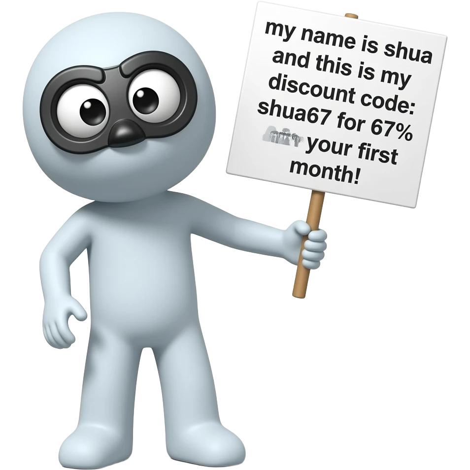 stick figure with the grindr logo as his head holding a sign saying “my name is shua and this is my discount code: shua67 for 67% off your first month! emoji
