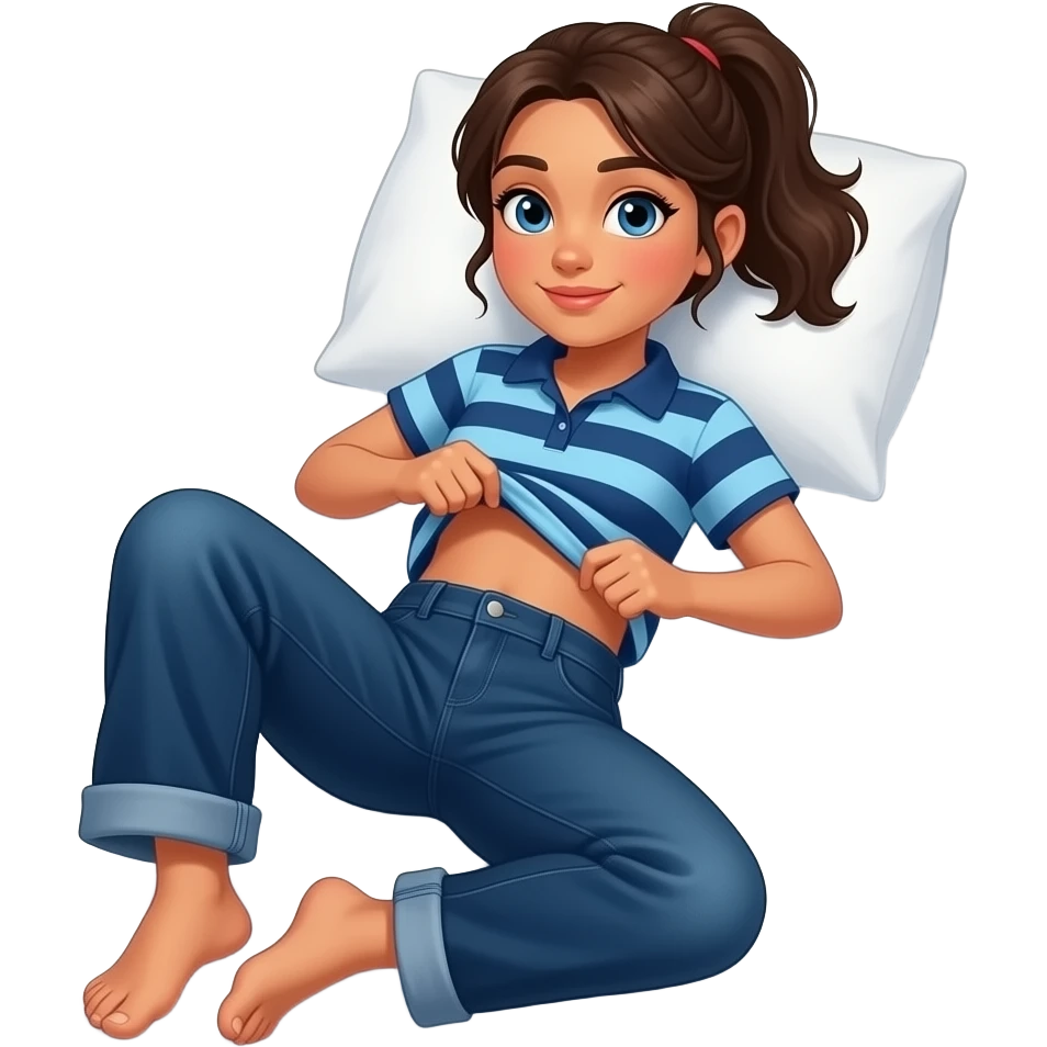 Hispanic girl with brown ponytail and blue eyes light blue and dark blue polo and dark blue baggy jeans and belly button laying down on her pillow on her bed showing her feet lifting her shirt emoji
