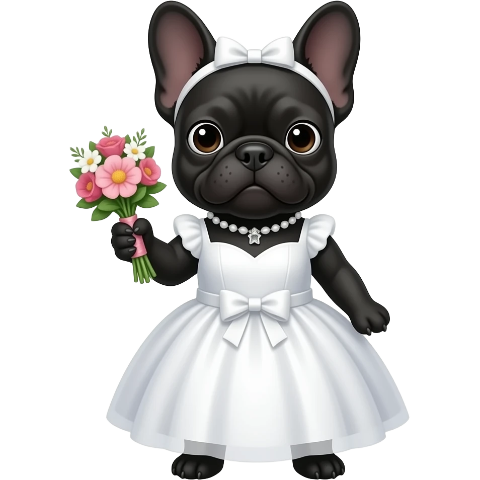 a black Frenchie wearing a white ball gown with a white headband and pretty flowers in the dogs hand plus  the dog is standing on its hind legs emoji